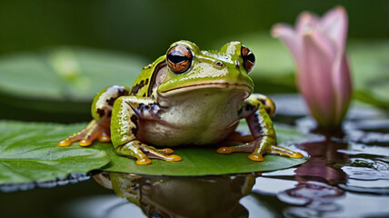 A beautiful frog is in a camera look ai
