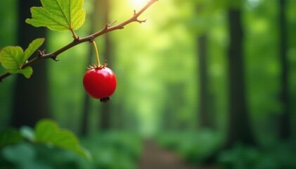 Red berry hanging from a branch in the forest canopy, leaves, foliage, forest ecosystems