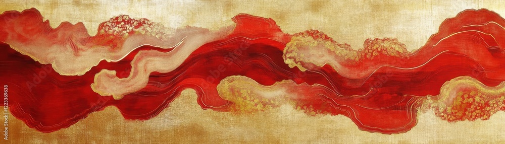Poster a vibrant abstract artwork featuring flowing red and beige hues, creating a dynamic and captivating 