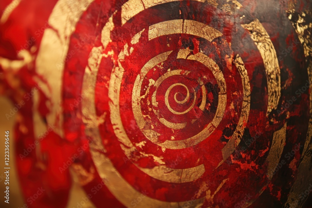 Poster a close-up of a spiral pattern featuring vibrant red and gold colors, creating an intriguing visual 