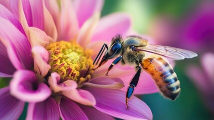 Close-up of a honeybee on vibrant pink flower with detailed pollen