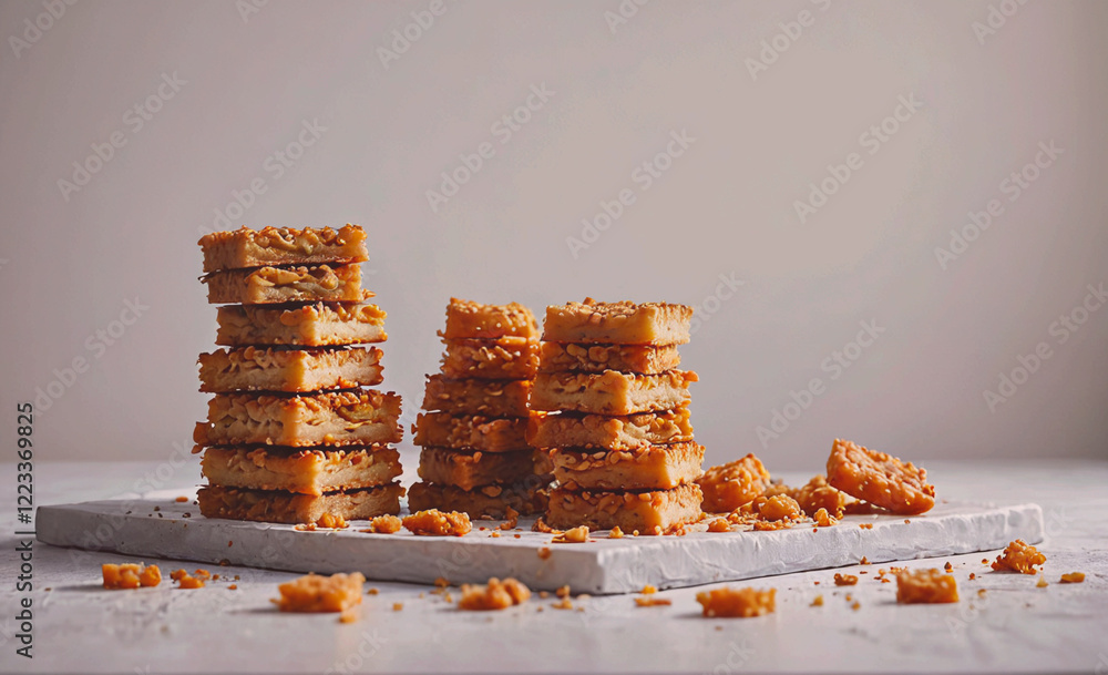 Poster A stack of brownies sits on a white table. The brownies are cut into squares and are piled on top of each other. Concept of indulgence and satisfaction