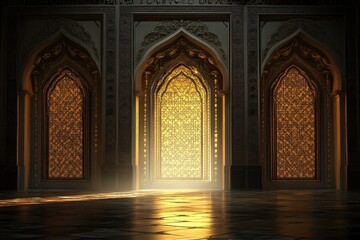 Obraz premium A serene interior showcasing three ornate doors illuminated by warm light, creating a mystical atmosphere.