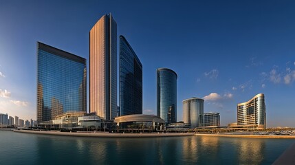 Obraz premium This panoramic cityscape showcases the vibrant downtown of Abu Dhabi, the capital of the United Arab Emirates. The foreground highlights the towering skyscrapers of the financial district