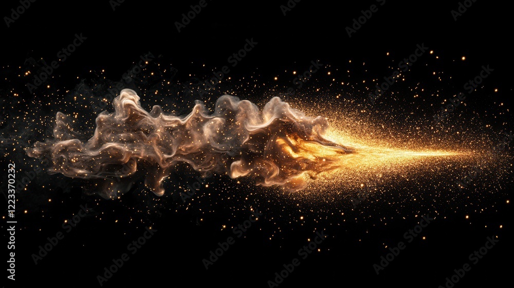 Poster a cosmic explosion of gold and dust in a dark space, creating a mesmerizing visual of swirling parti