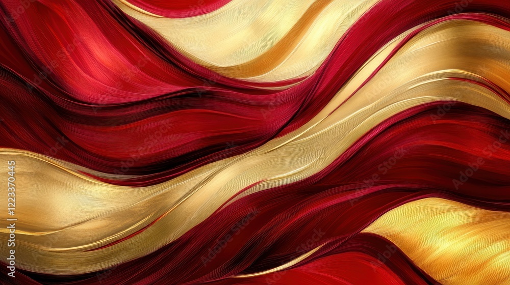 Poster a vibrant abstract design featuring flowing red and gold waves, creating a rich and luxurious visual