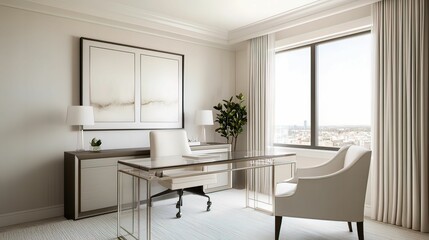 A modern, well-lit office space featuring a stylish desk, decorative plant, and large window with elegant curtains.