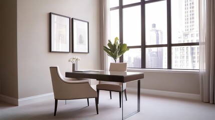 A modern office space featuring a sleek desk, comfortable chair, and large window with city views, adorned by decorative plants and minimalist artwork.