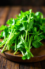 fresh green arugula on a wooden table, food closeup
