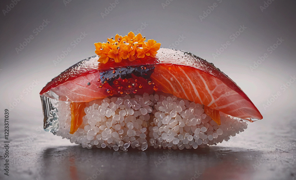 Poster a sushi roll with a red fish and white rice. the sushi roll is topped with a garnish of orange beads