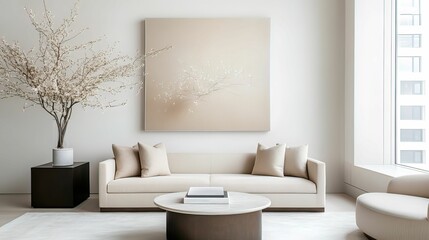 A modern, minimalist living room featuring a light sofa, neutral decor, a round coffee table, and a decorative tree, all bathed in natural light.