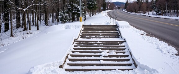 Fototapeta premium Snowy stairs lead to winter road through forest