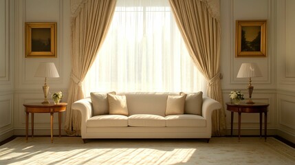 A bright, elegant living room featuring a cream-colored sofa, decorative lamps, and tasteful curtains, all complemented by art on the walls.