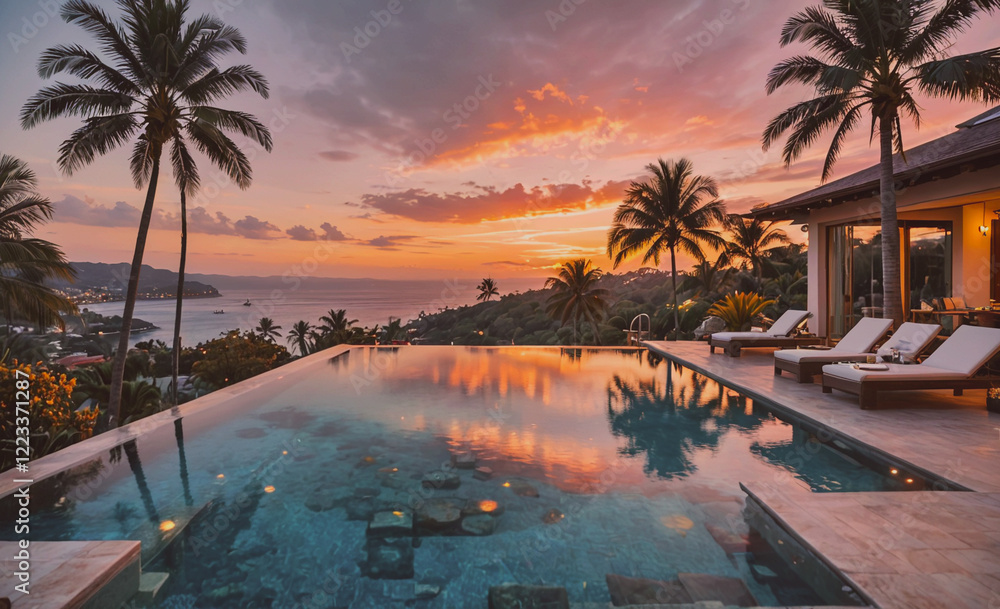 Fototapete A beautiful pool with a sunset in the background. The pool is surrounded by palm trees and has a view of the ocean
