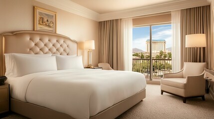 A bright and elegant hotel room featuring a plush bed, stylish decor, and a scenic view from the balcony.