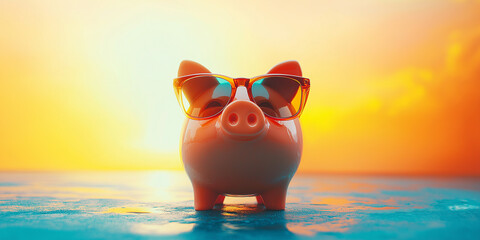 Playful piggy goes for a swim at sunset tropical poolside scene fun and whimsical content relaxing environment vibrant viewpoint summer vibes