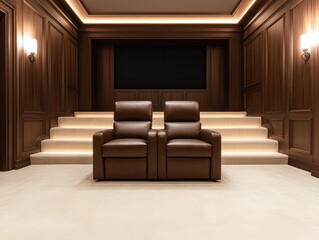 A sleek, modern interior featuring two plush brown recliners facing a blank wall, illuminated by soft lighting in a warm, wooden setting.