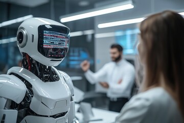 Humanoid Robot in Tech Meeting: A futuristic scene unfolds as a humanoid robot with a screen for a face engages in a meeting with two professionals.
