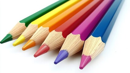 Fototapeta premium Vibrant wooden coloring pencils rest against a pristine white backdrop. Their vibrant hues create a captivating display, inviting you to unleash your creativity