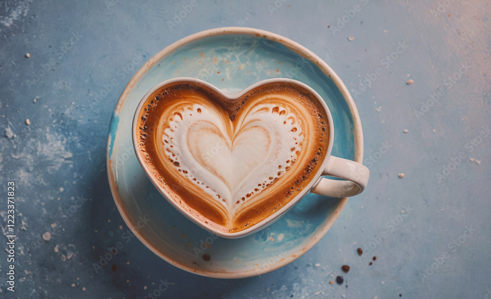 Poster a coffee cup with a heart design on it sits on a blue surface. the heart design is made of foam and 