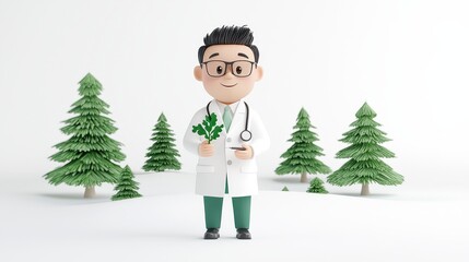 Friendly Cartoon Doctor with Leaves in a Natural Setting: A 3D Medical Illustration
