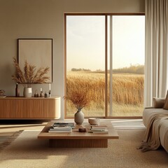 A living room with a wooden coffee table and a vase of flowers on it. A window with a view of a field