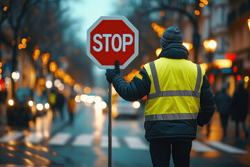 Traffic guard wearing yellow vest and holding stop sign