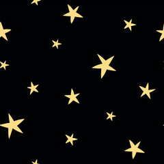 doodle seamless pattern with yellow stars on black background