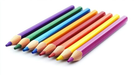 Vibrant wooden coloring pencils rest against a pristine white backdrop. Their vibrant hues create a captivating display, inviting you to unleash your creativity