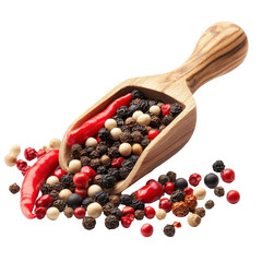 Colorful mix of hot red black and white pepper spices in a wooden scoop, Mixed of peppers hot, red, black and white pepper isolated on Transparent background