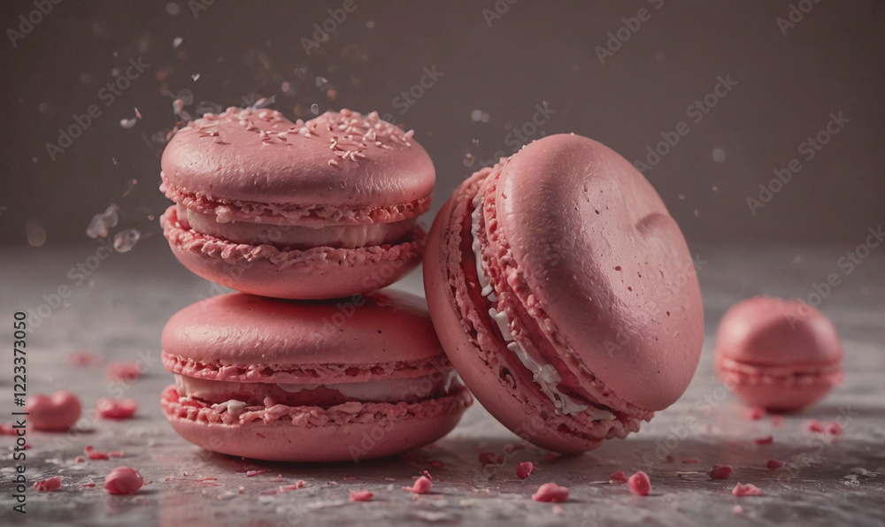 Poster three pink macarons are piled on top of each other. the macarons are decorated with powdered sugar a