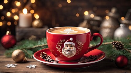 Obraz premium A red coffee cup sits on a wooden table, featuring a frothy latte art design of Santa Claus’s face.