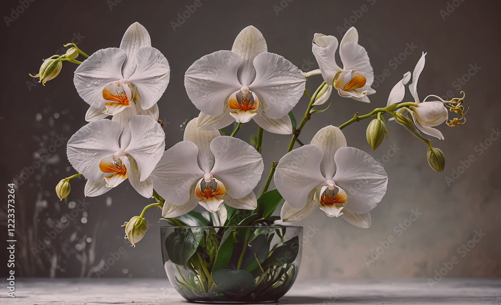 Poster A vase of white orchids sits on a table. The flowers are arranged in a way that makes them look like they are in a bowl. The vase is clear and the flowers are the main focus of the image