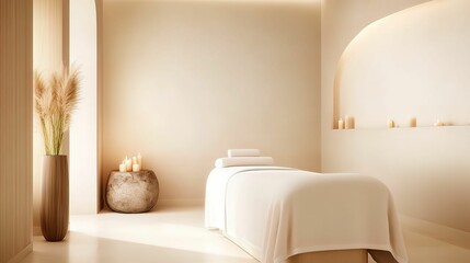 A serene spa room featuring a massage table, soft lighting, and natural decor, promoting relaxation and tranquility.