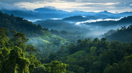 Fototapeta premium A rainforest landscape in Southeast Asia showing patches of palm oil plantations expanding into the forest,