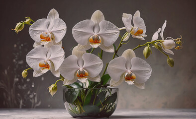 A vase of white orchids sits on a table. The flowers are arranged in a way that makes them look like they are in a bowl. The vase is clear and the flowers are the main focus of the image