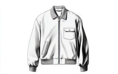 A monochrome vector illustration of a casual jacket with a stand-up collar, zippered pockets, and a zipper closure