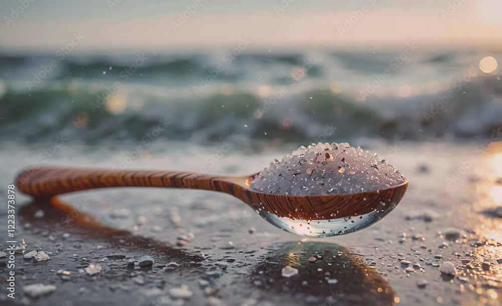 Poster a spoon with salt on it is on a beach. the spoon is upside down and the salt is scattered around it.