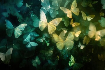 ethereal butterfly garden, iridescent wings in shades of lime and emerald, floating against misty dark background, magical bokeh effects