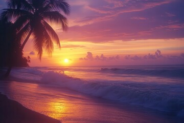 ethereal coastal sunset, golden light dancing across gentle waves, silhouetted palm trees swaying against a gradient sky of orange, pink, and purple hues