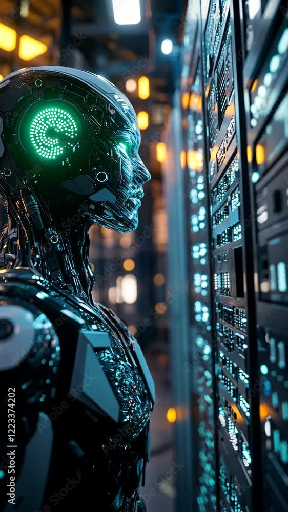 Poster futuristic robot interacting with advanced technology in a high-tech environment