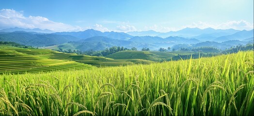 Fototapeta premium Rice plantation landscape with green fields and mountains