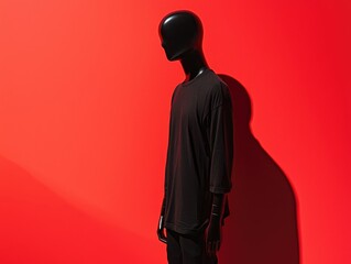 Black Mannequin on Red: A sleek black mannequin displays a simple, elegant black long-sleeve shirt against a vibrant red backdrop, creating a striking contrast and minimalist fashion statement.