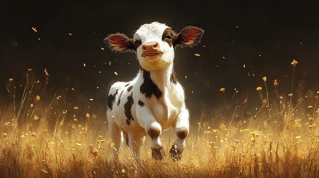 Adorable calf running in a golden field at sunset