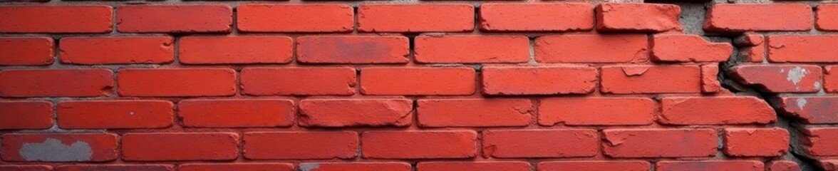Red brick wall with large vertical crack and crumbling mortar on side, defect, red brick
