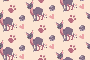 Seamless flat style pattern featuring elegant sphynx cats, yarn balls, paw prints, and hearts on a soft pastel background. Ideal for textiles, wallpapers, or pet-themed designs.