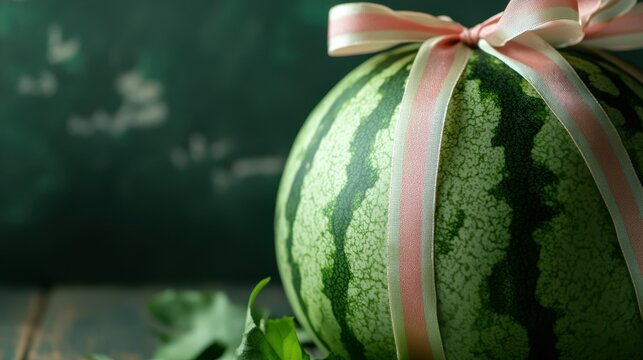 Watermelon wrapped with pink ribbon on rustic wooden surface