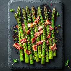 Fototapeta premium Baked asparagus with bacon and spices on a black stone plate. Top view. place for text.