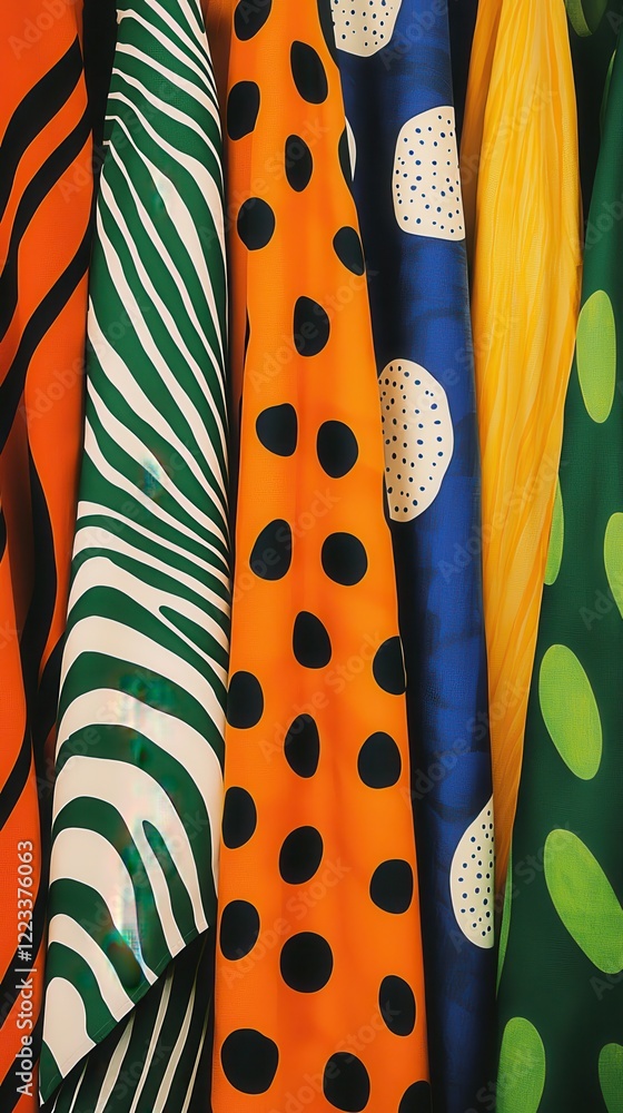 Poster Colorful textile patterns display studio bright environment overhead view creativity and vibrancy