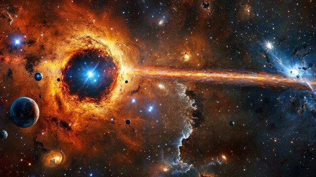 Stunning cosmic landscape showcases a black hole surrounded by luminous stars and swirling galaxies in deep space